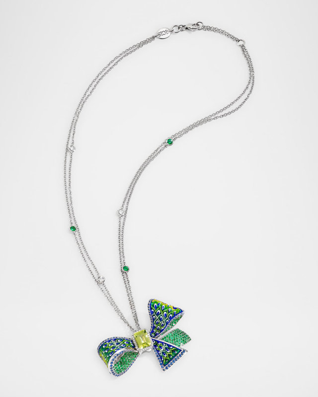 18K White Gold Green Ribbon Necklace with Micro Mosaic, Diamonds, Blue Sapphires, Peridot and Tsavorites